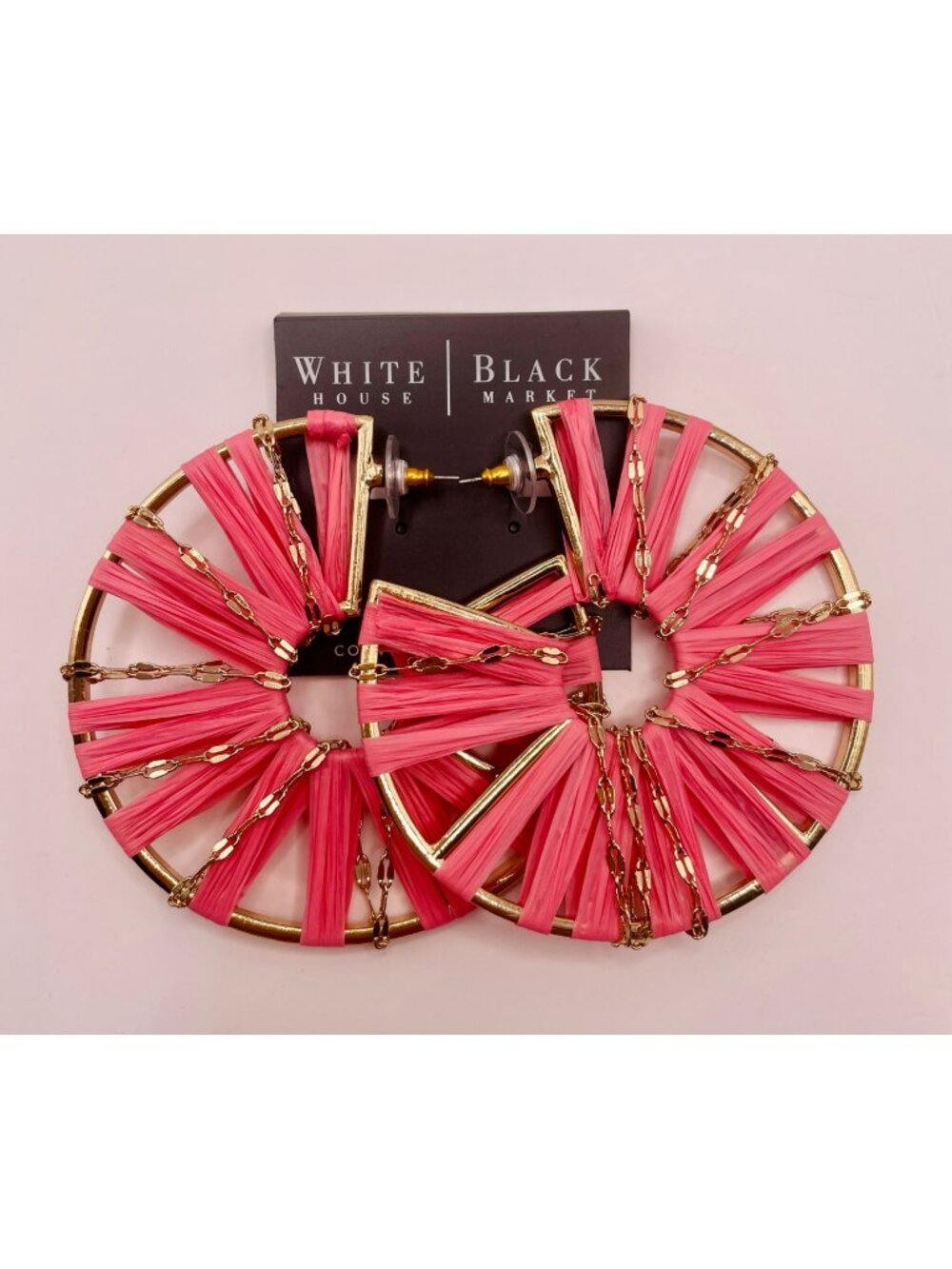 White House Black Market Large Gold Hoop Earrings Pink Raffia -45B